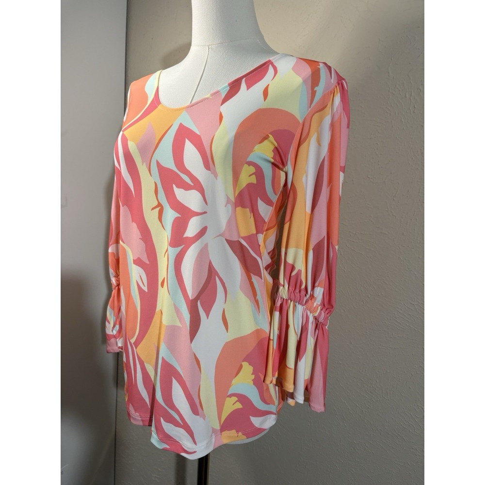 NWT Julian Chang Women Sz S Neon Sherbet Cinch Sleeve Abstract Print Blouse Top - Picture 7 of 10
